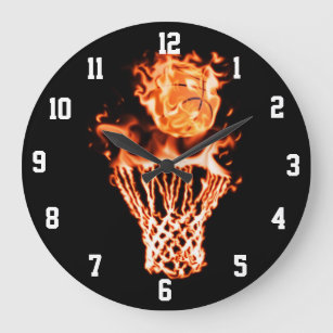 basketball on fire going through the fire net large clock