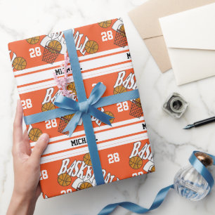 Basketball on Orange & White Stripe Wrapping Paper