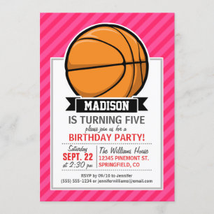 Basketball on Pink Stripes, Striped Invitation