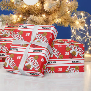 Basketball on Red and White Wrapping Paper