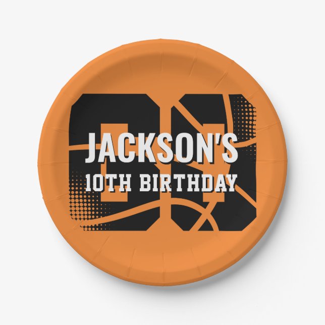 Basketball Orange Black Birthday Party Paper Plate (Front)
