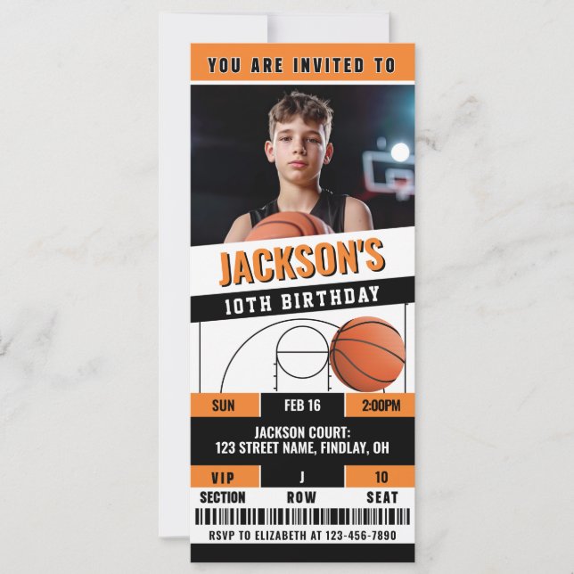 Basketball Orange Black Birthday Party Ticket Invitation (Front)