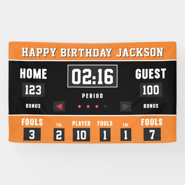 Basketball Orange Black Scoreboard Happy Birthday Banner (Horizontal)