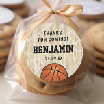 Basketball Party Favour Classic Round Sticker<br><div class="desc">Sports themed party favour stickers featuring a wooden floor basketball court with markings,  a basketball,  and a text template that is easy to personalise.</div>