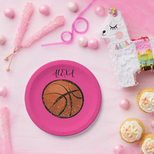 Basketball Party Plates for girls in pink. (Party)