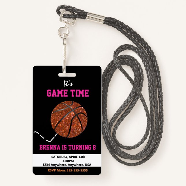 Basketball Pass Party Pass, VIP,  Invitation, girl ID Badge (Back with Lanyard)