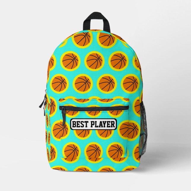 Basketball Pattern Turquoise Yellow Custom Name Printed Backpack (Front)