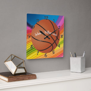 Basketball personalise with Name Colourful Square Wall Clock
