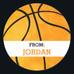 Basketball Personalised From Sports Themed Party Classic Round Sticker<br><div class="desc">Basketball Personalised From Sports Themed Party Stickers. Attach these sports themed basketball stickers to goody bags from your sports themed birthday party. Personalised with the birthday child's name in orange font. Round sticker is a watercolor orange with a vintage look and black lines. Text reads "from". Sports themed gift tag...</div>