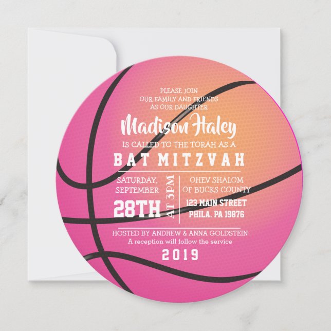 BASKETBALL PINK Bat Mitzvah Invitation (Front)