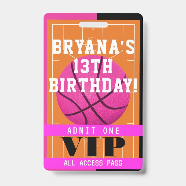 Basketball Pink Birthday Party VIP Pass Badge ID Badge (Front)