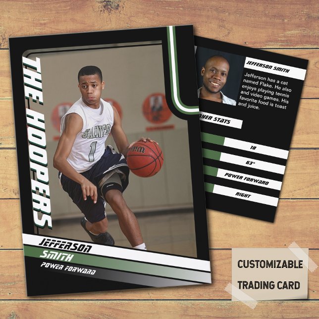 Basketball Player Custom Black Trading Card Green (Basketball Player Trading Card in Black with custom team name and player name with Green stripes
)