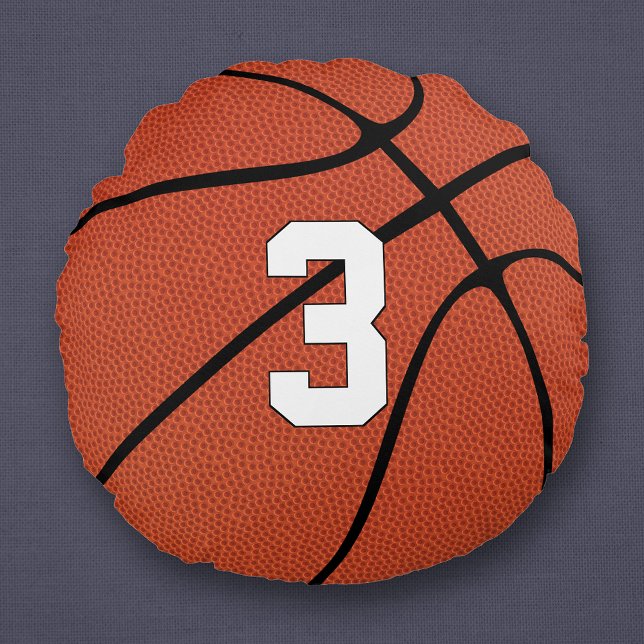 Basketball Player Custom Jersey Number Sports Round Cushion (Round basketball pillow with custom basketball player jersey number or initials / letters.)