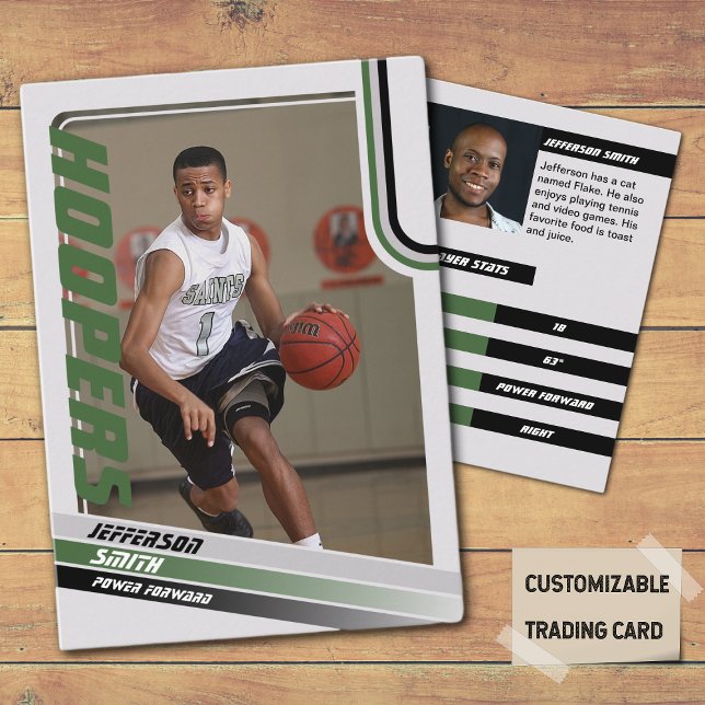 Basketball Player Custom Trading Card Black Green (Basketball Player Trading Card in Grey with custom team name and player name with Green stripes
)