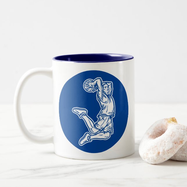 Basketball Player Doing Slam Dunk Light Design Two-Tone Coffee Mug (With Donut)