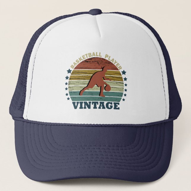 Basketball player dribbling vintage retro sunset trucker hat (Front)