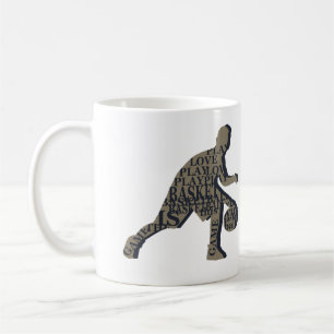 Basketball player dribbling with full body text coffee mug