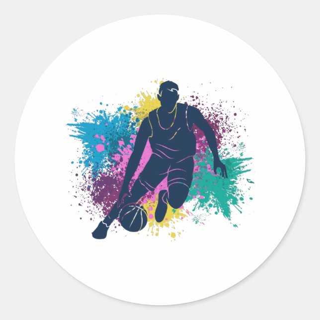 Basketball Player Grungy Colour Splashes Classic Round Sticker (Front)