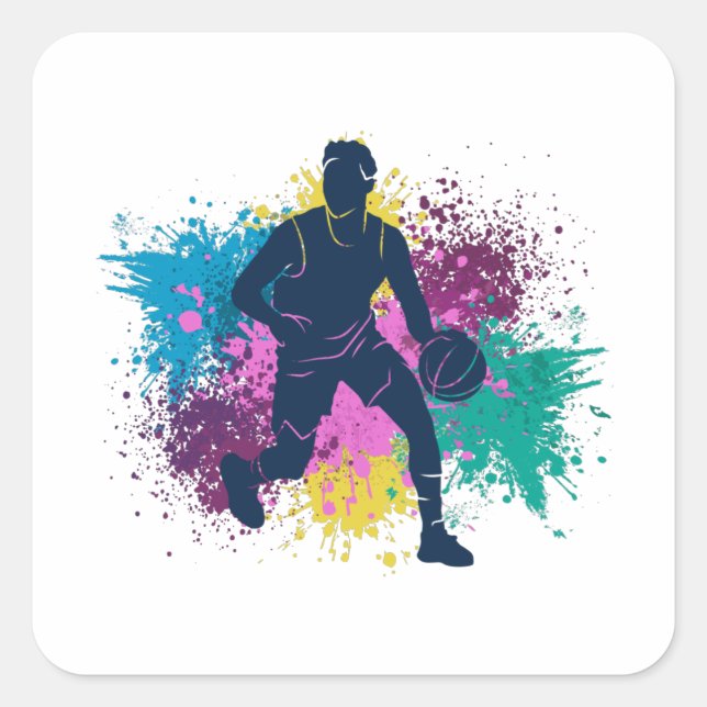 Basketball Player Grungy Colour Splashes Square Sticker (Front)