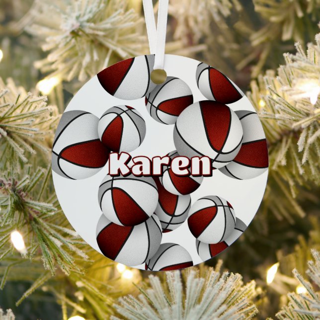 basketball player keepsake maroon grey sports metal tree decoration (Insitu)