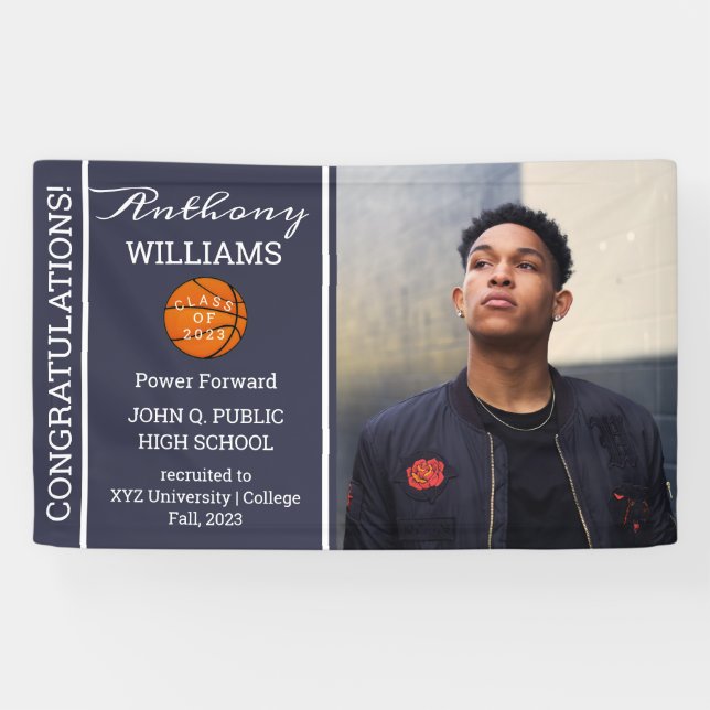 Basketball Player Photo Blue | White Graduation Banner (Horizontal)