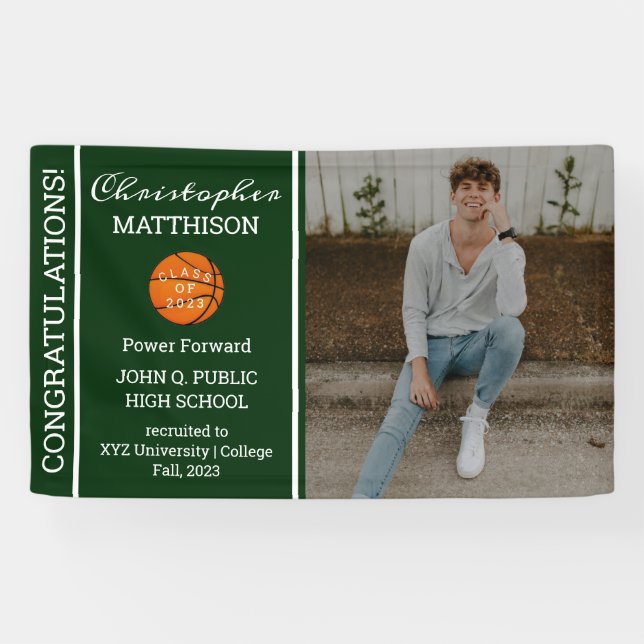Basketball Player Photo Green | White Graduation Banner (Horizontal)