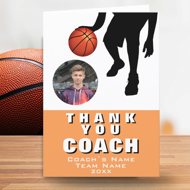 Basketball Player Silhouette Photo Coach Orange Thank You Card (Creator Uploaded)