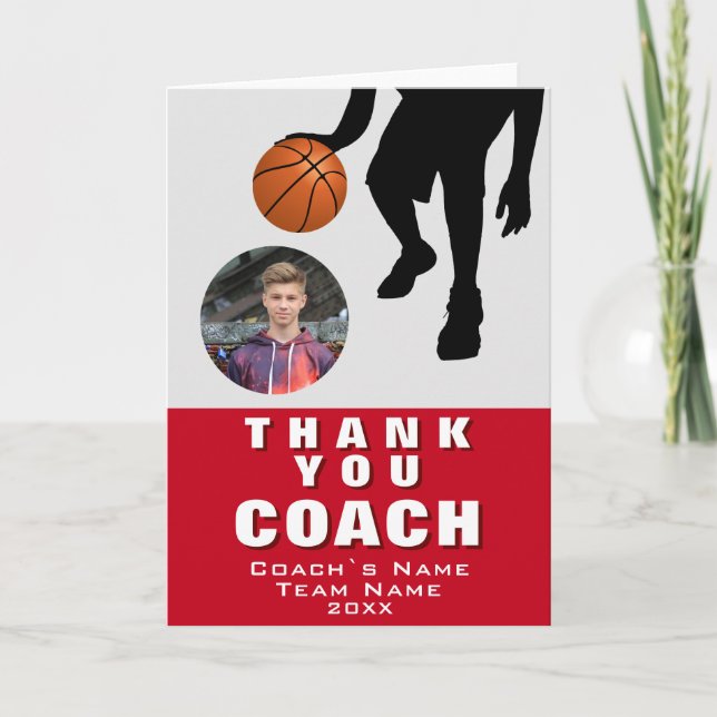 Basketball Player Silhouette Photo Coach Red Thank You Card (Front)