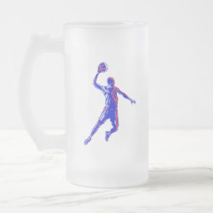 Basketball Player Slam Dunk, Red and Blue Design Frosted Glass Beer Mug