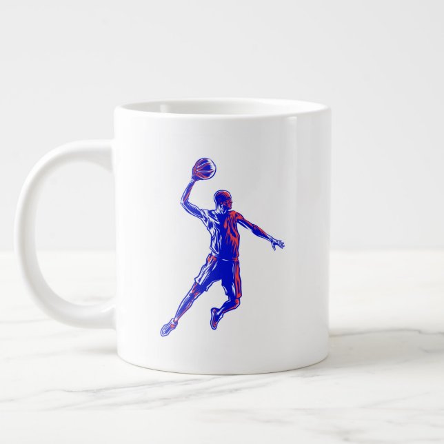 Basketball Player Slam Dunk, Red and Blue Design Large Coffee Mug (Left)