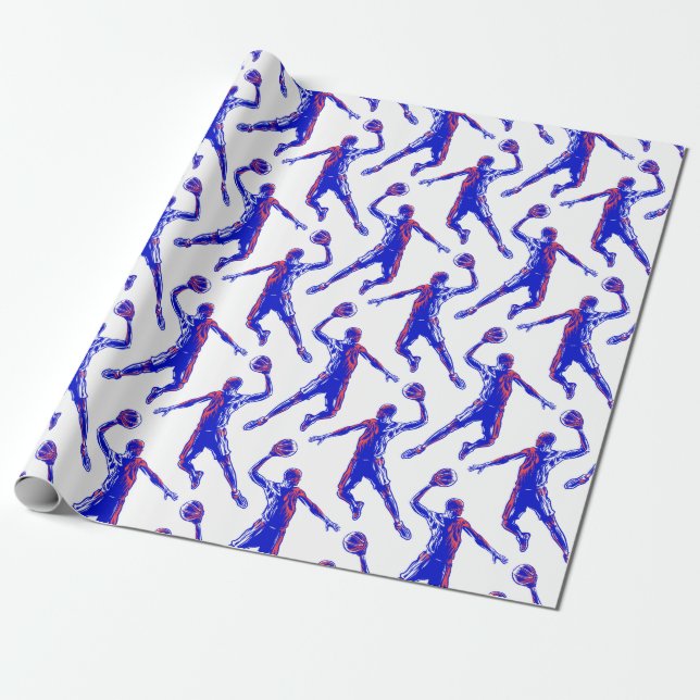 Basketball Player Slam Dunk, Red and Blue Design Wrapping Paper (Unrolled)