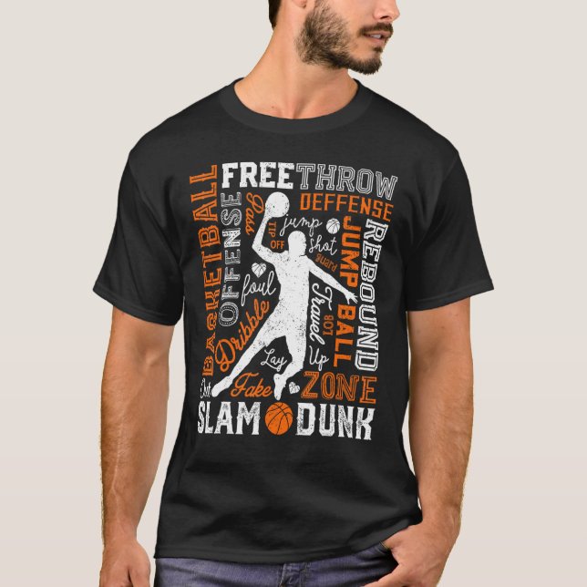 Basketball Player Slam Dunk Typography Word Art Vi T-Shirt (Front)