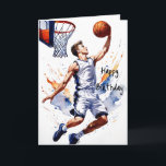 Basketball Player Splash Watercolor Happy Birthday Card<br><div class="desc">Dunk into birthday bliss with our slammin' basketball-themed card! Featuring a dynamic image of a young baller making moves on the court, it's a surefire way to score big on their special day. Customise the message inside to add that personal touch and make their celebration extra memorable. It's the perfect...</div>