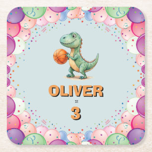 Basketball Player T-rex Birthday Square Paper Coaster