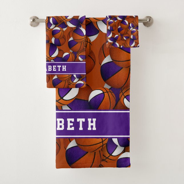 basketball players athletic girls name purple bath towel set (Insitu)