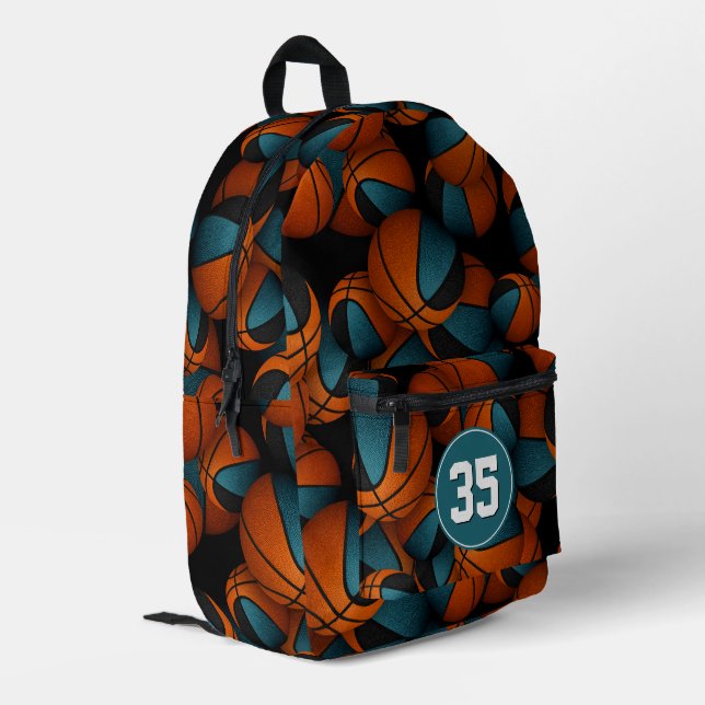 Basketball players teal black team colours printed backpack (Back Corner Left)