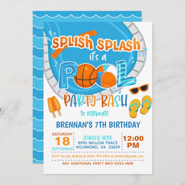 Basketball Pool Party Invitation - Boy - Wh (Front/Back)