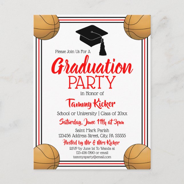 Basketball Red & Black Graduation Party Invitation Postcard (Front)