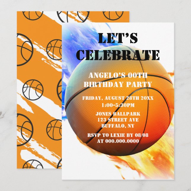 Basketball Red Blue Flames Birthday Party Invites (Front/Back)