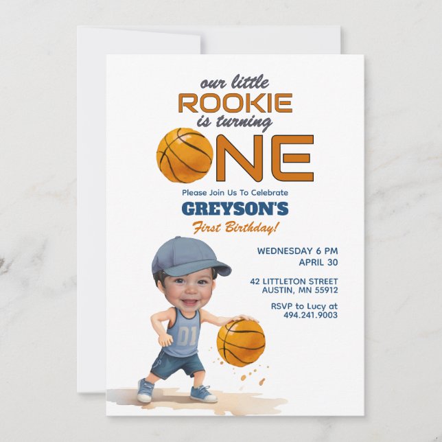 Basketball Rookie 1st Birthday Photo Invitation (Front)