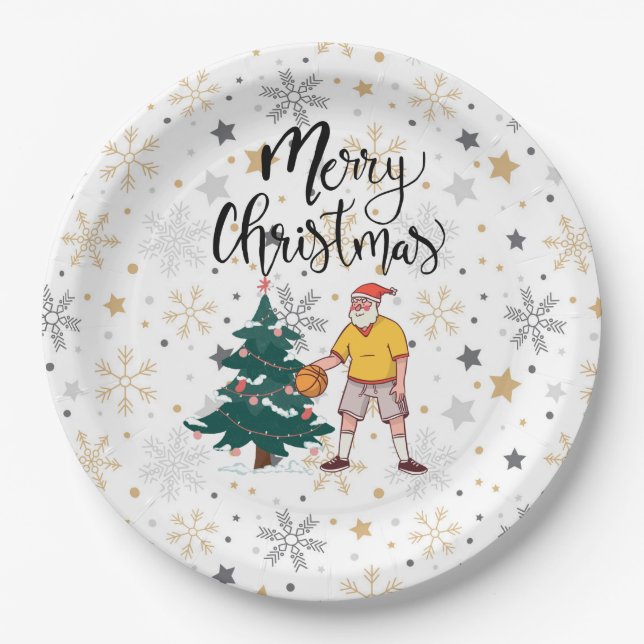 Basketball Santa Claus is playing with Christmas   Paper Plate (Front)