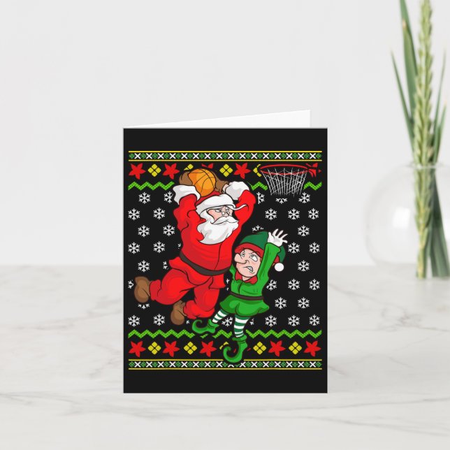 Basketball Santa Claus Slam Dunk Elf Ugly Christma Card (Front)