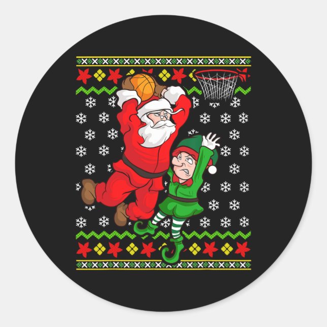Basketball Santa Claus Slam Dunk Elf Ugly Christma Classic Round Sticker (Front)