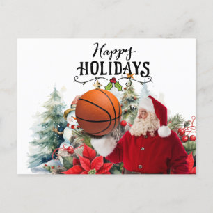 Basketball Santa Claus with Snowman for Christmas Holiday Postcard