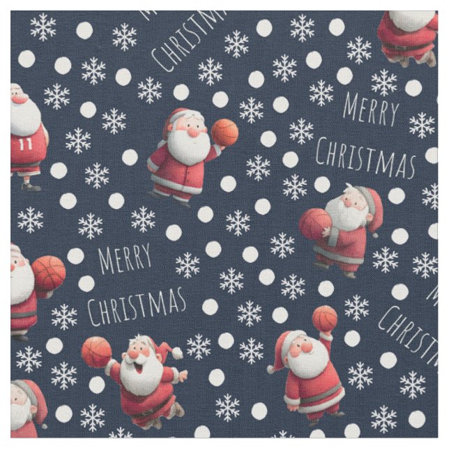 Basketball Santa on Navy Blue Fabric (Close Up)