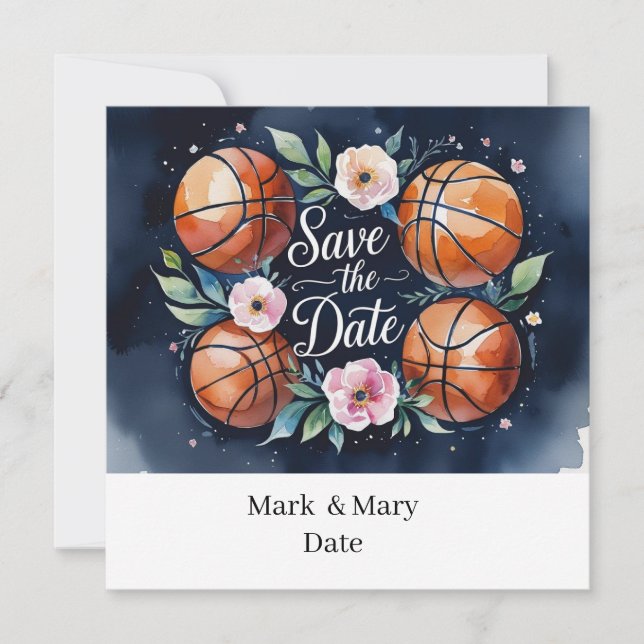 Basketball Save the date with basketball on court (Front)