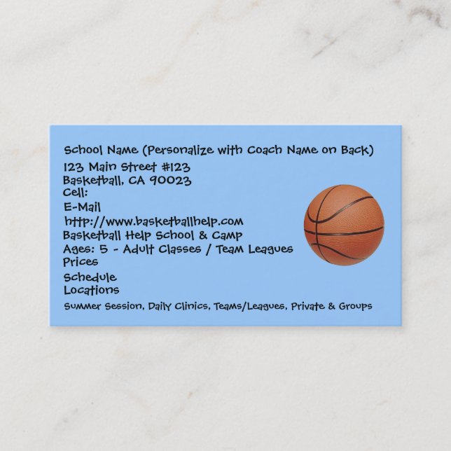 Basketball, School Name (Personalise with Coach... Business Card (Front)