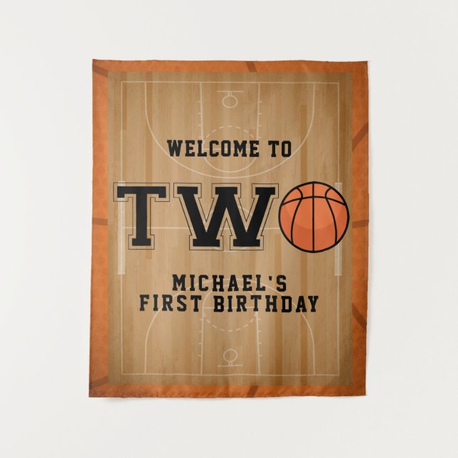 Basketball Second Birthday Backdrop Tapestry (Front)