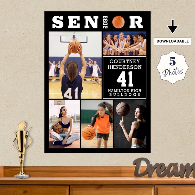 Basketball Senior Graduation 5 Photo Collage Poster (Creator Uploaded)
