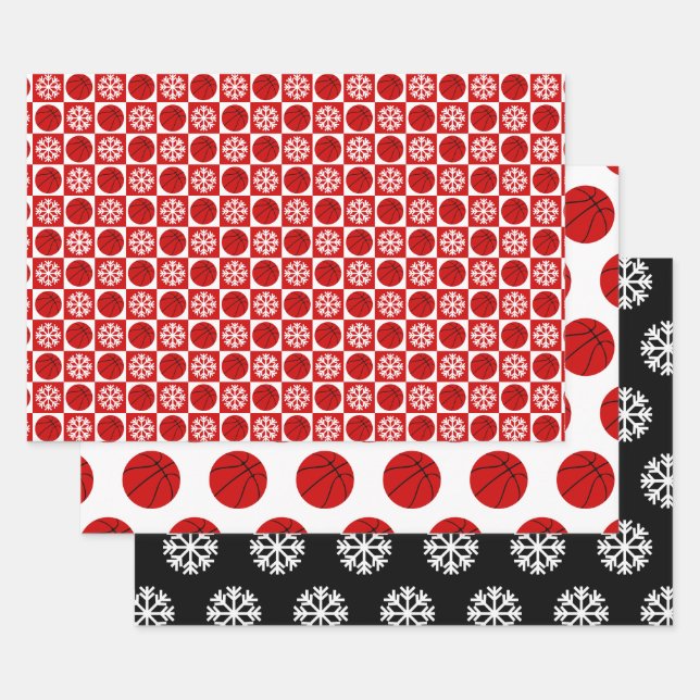 Basketball & Snowflake Red Black & White Christmas Wrapping Paper Sheet (Set)